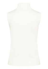 Ærmeløs højhalset sweater i hvid, med en blød striktekstur, tætsiddende design og uden synlige sømme eller mønstre på bagsiden.