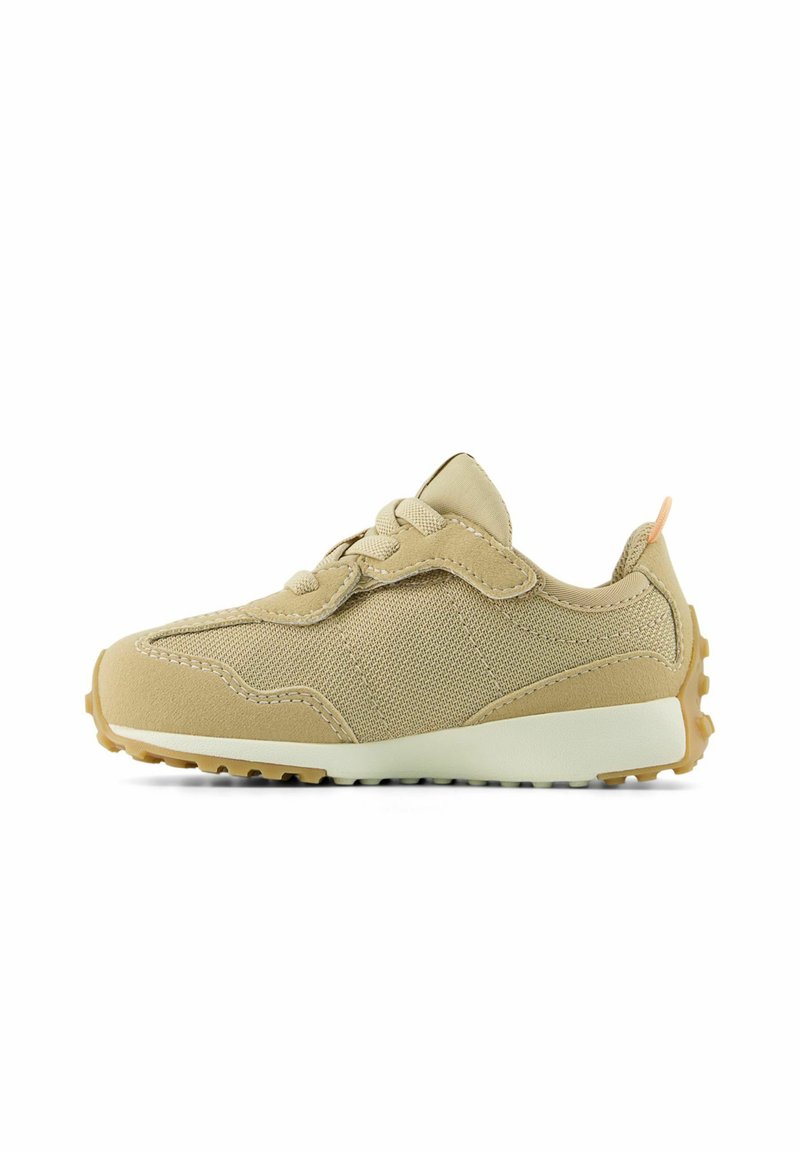 Beige children's sneaker with mesh and suede upper, velcro strap, padded collar, and textured rubber outsole.