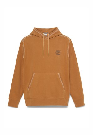 Capuchontrui in verbrand oranje met een voorzak, koord en logodetails. Heeft contrasterende stiksels langs de naden.