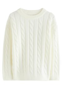 Maglione bianco a trecce con scollo rotondo, caratterizzato da motivi verticali in rilievo e polsini e orlo a coste per una finitura strutturata.