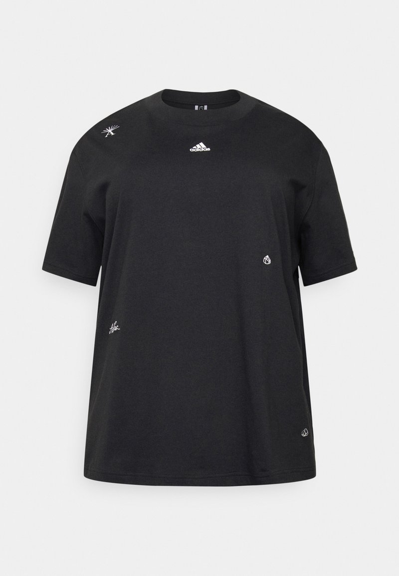 Černé bavlněné tričko s volným střihem, krátkými rukávy, kulatým výstřihem a několika malými vyšívanými detaily, včetně loga na hrudi.