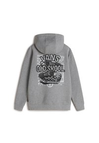 Sudadera gris con un gran gráfico de una zapatilla y el texto "VANS OLDSKOOL" en la parte trasera. El material parece suave y tiene un ajuste relajado.
