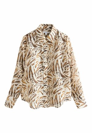 Hemd mit Knopfleiste aus leichtem Stoff mit beige-braunem Tierdruck, langen Ärmeln und klassischem Kragen. Glatte Textur, lockere Passform.