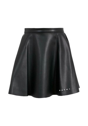 Zwarte neplederen rok met een uitlopende design, gladde textuur en een geborduurd "MARNI" logo aan de zoom.