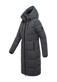Gray padded coat with a high collar, zippered front, and side pockets. Features long sleeves with black cuffs and a textured surface.