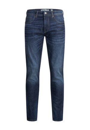 Tummansiniset farkut, joissa on slim fit -leikkaus, standardikokoinen vyöreuna, nappisuljenta ja viisi taskua. Hienovarainen haalistunut kuvio reisissä.