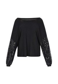 Maglietta nera a maniche lunghe con texture a coste, dotata di maniche a sbuffo con paillettes e scollatura ampia. Tessuto morbido con dettagli lucenti.