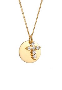 Goldene Halskette mit einem runden Anhänger, der mit einem dekorativen Kreuz geschmückt ist, das mit fünf klaren Edelsteinen verziert ist, an einer feinen Kette.