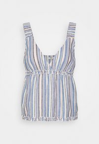 Haut sans manches à rayures verticales bleu, blanc et rose, col en V, détails volantés à la taille et à l'ourlet, suspendu sur fond blanc.