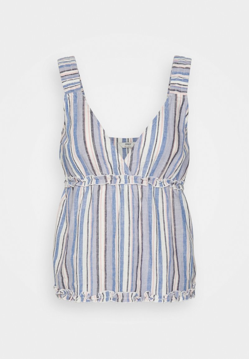 Haut sans manches à rayures verticales bleu, blanc et rose, col en V, détails volantés à la taille et à l'ourlet, suspendu sur fond blanc.