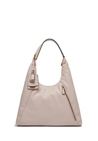 Borsa a tracolla in pelle beige chiaro con una tracolla curva, un'etichetta decorativa e una cerniera laterale. Texture liscia e design minimalista.
