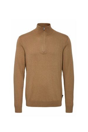 Brun zip-up tröja med hög krage, ribbad ärmslut och nederkant. Tillverkad av ett texturerat trikåtyg, med en silverfärgad dragkedja.