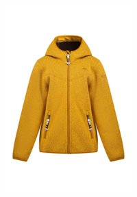 Žlutá fleecová bunda s kapucí, která má přední zip po celé délce, dvě boční kapsy a lehkou texturu tkaniny. Výrazné kovové detaily na táhlech zipu.