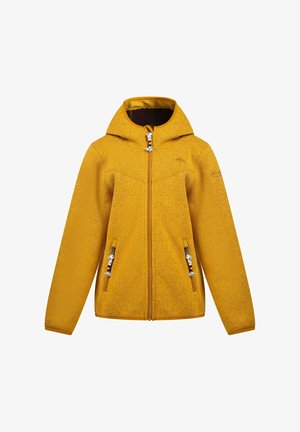 Jachetă din fleece galben, cu glugă, având un fermoar frontal complet, două buzunare laterale și o textură de material ușor. Accente hardware notabile la mânerele fermoarului.