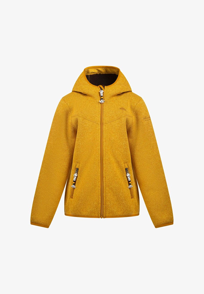 Žltá flísová bunda s kapucňou, ktorá má celopredný zips, dva bočné vrecká a ľahký textilný materiál. Výrazné kovové detaily na ťahadlách zipsu.