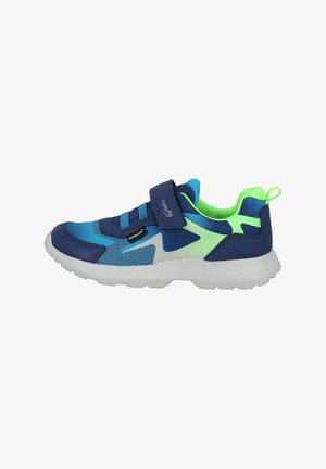 Scarpa sportiva blu e verde con tomaia in mesh, dettagli testurizzati, cinturino in Velcro e suola in gomma bianca, progettata per comfort e supporto.