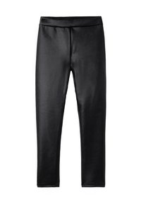 Leggings neri realizzati in un materiale liscio e elastico; presentano una vita alta ed elastica e una silhouette aderente senza cuciture visibili.