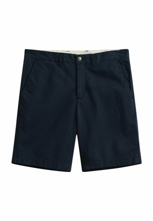 Shorts pour hommes bleu marine avec bouton et fermeture éclair à l'avant, passants de ceinture, et poches latérales, présentés sur un fond blanc.