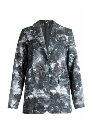 Ženski sako dugih rukava s crnim i sivim cvjetnim uzorkom, ovratnikom s urezanim reverom, dva gumba i prednjim džepovima s preklopom.