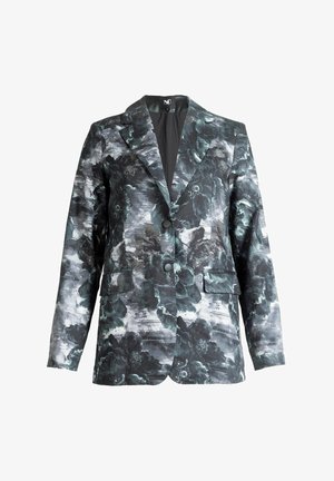 Ženski sako dugih rukava s crnim i sivim cvjetnim uzorkom, ovratnikom s urezanim reverom, dva gumba i prednjim džepovima s preklopom.