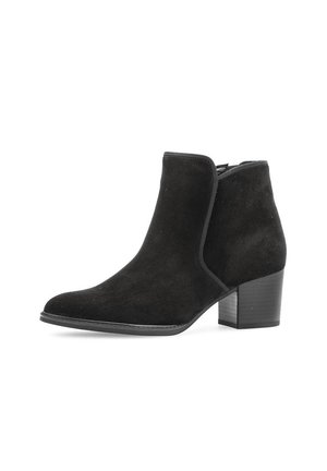 Black suede ankle boot with a low block heel, round toe, and side zipper, shown against a white background.
