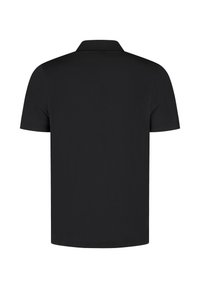 Czarna koszulka polo, krótki rękaw, mieszanka bawełny, z kołnierzykiem złożonym, jednolity kolor, widok z tyłu. Brak widocznych wzorów lub dekoracji.
