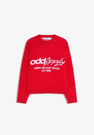 Red long-sleeve sweater with white text "oddspeedy" and "CODES YOU CAN'T REACH EST. 1998" on the front, ribbed cuffs and hem.
