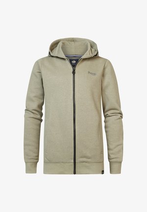 Hellgrüner Zip-Hoodie aus weichem Baumwollgemisch, mit Kordelzugkapuze, schwarzem Reißverschluss und zwei Seitentaschen.