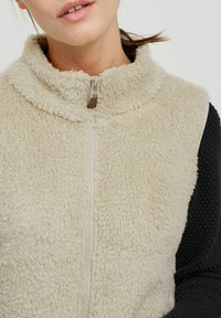 Beidzēji krēmkrāsas mākslīgās kažokādas veste ar augstu apkakli, sudraba rāvējslēdzēju un kontrastējošām melnām adītām piedurknēm. Galvenās iezīmes ietver mīksto tekstūru un krāsu kontrastu.