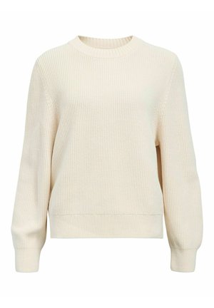 Suéter color crema hecho de tejido de punto texturizado, con cuello redondo, mangas largas y puños y dobladillo acanalados. Diseño sencillo de color sólido.