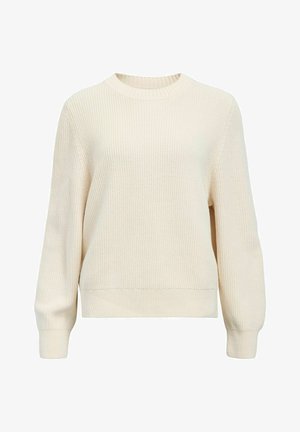 Suéter color crema hecho de tejido de punto texturizado, con cuello redondo, mangas largas y puños y dobladillo acanalados. Diseño sencillo de color sólido.