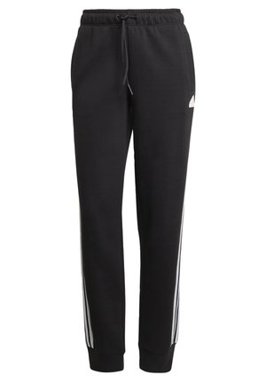 Pantaloni della tuta neri realizzati in tessuto morbido, con vita regolabile con cordino, gambe affusolate e strisce laterali bianche. Include un logo decorativo sull'anca.