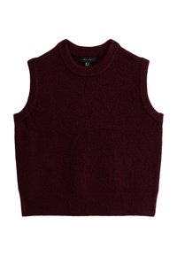 Burgundy ärmlös stickad tröja med rund halsringning och ribbade kanter, med en mjuk, strukturerad finish. Klassisk och mångsidig design.