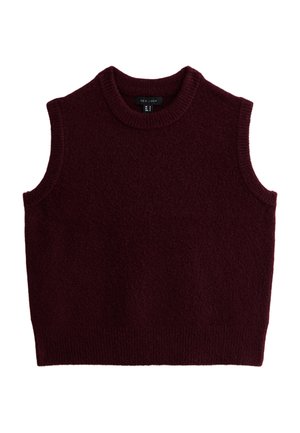 Burgundy sleeveless knit sweater with a round neckline and ribbed edges, featuring a soft, textured finish. Classic and versatile design.