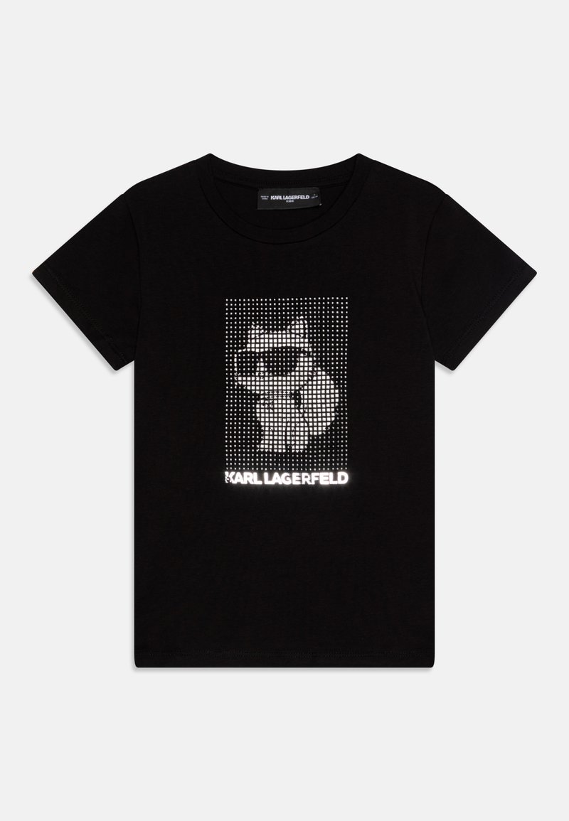 Μαύρη βαμβακερή μπλούζα t-shirt με γραφικό σχέδιο μιας γάτας με γυαλιά ηλίου, διακοσμημένη με ένα ψηφιακό μοτίβο και κείμενο "KARL LAGERFELD".