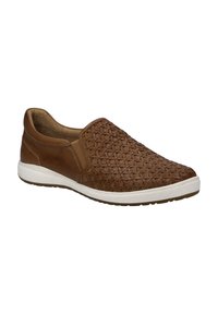 Brown leather slip-on shoes with woven design on the front, contrasting white rubber sole, and padded interior for comfort.
