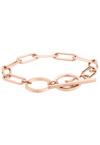 Rose gold bracelet featuring linked chains, circular accents, and a toggle clasp, showcasing a sleek and modern design.