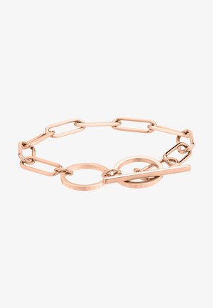 Roze goud armband met verbonden kettingen, cirkelvormige accenten en een toggle-sluiting, met een slank en modern ontwerp.