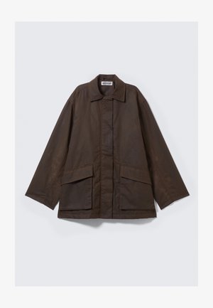 Brown, long-sleeve jacket with a collared neck, two front pockets, and a straight cut design. Made of smooth, lightweight fabric.