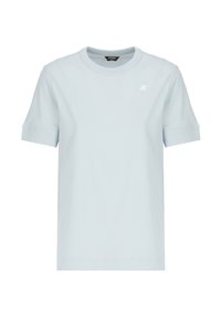 T-shirt a maniche corte azzurro chiaro in cotone con scollo rotondo e piccolo logo bianco sulla parte sinistra del petto. Tessuto morbido, vestibilità casual.