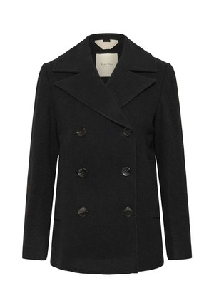 Manteau en laine noir à double boutonnage avec larges revers et six boutons noirs, manches longues et poches latérales, présenté sur un fond blanc.
