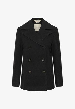 Palton negru din lâna, cu două rânduri de nasturi, cu revere largi și șase nasturi negri, mâneci lungi și buzunare laterale, expus pe un fundal alb.