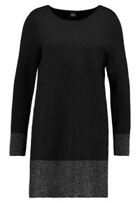 Pull noir à manches longues avec un col rond et des accents métalliques argentés aux poignets et à l'ourlet. Texture tricot lisse, coupe légèrement ample.