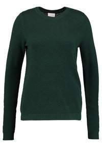Dunkelgrüner gestrickter Pullover mit einer strukturierten Diamantmusterung, rundem Ausschnitt und langen Ärmeln. Gerippte Bündchen und Saum.