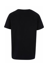 Sort bomulds T-shirt med rund halsudskæring, korte ærmer og en afslappet pasform. Stoffet har en glat tekstur og minimal detaljering.