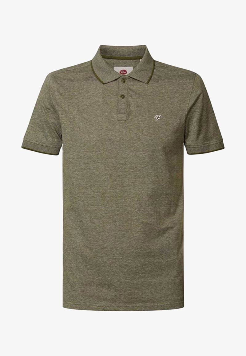 Polo vert olive en tissu texturé. Doté d'un col, d'une patte de boutonnage à deux boutons et d'un petit logo sur la poitrine gauche. Finition contrastante sur le col.