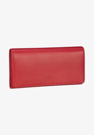 Portefeuille en cuir rouge avec une texture lisse, de forme rectangulaire et des bords cousus. Il présente un logo en relief subtil à l'avant.