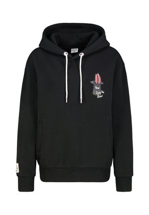 Black hoodie made from soft fabric, featuring a front pocket, adjustable drawstrings, and a playful graphic with a rabbit and text.