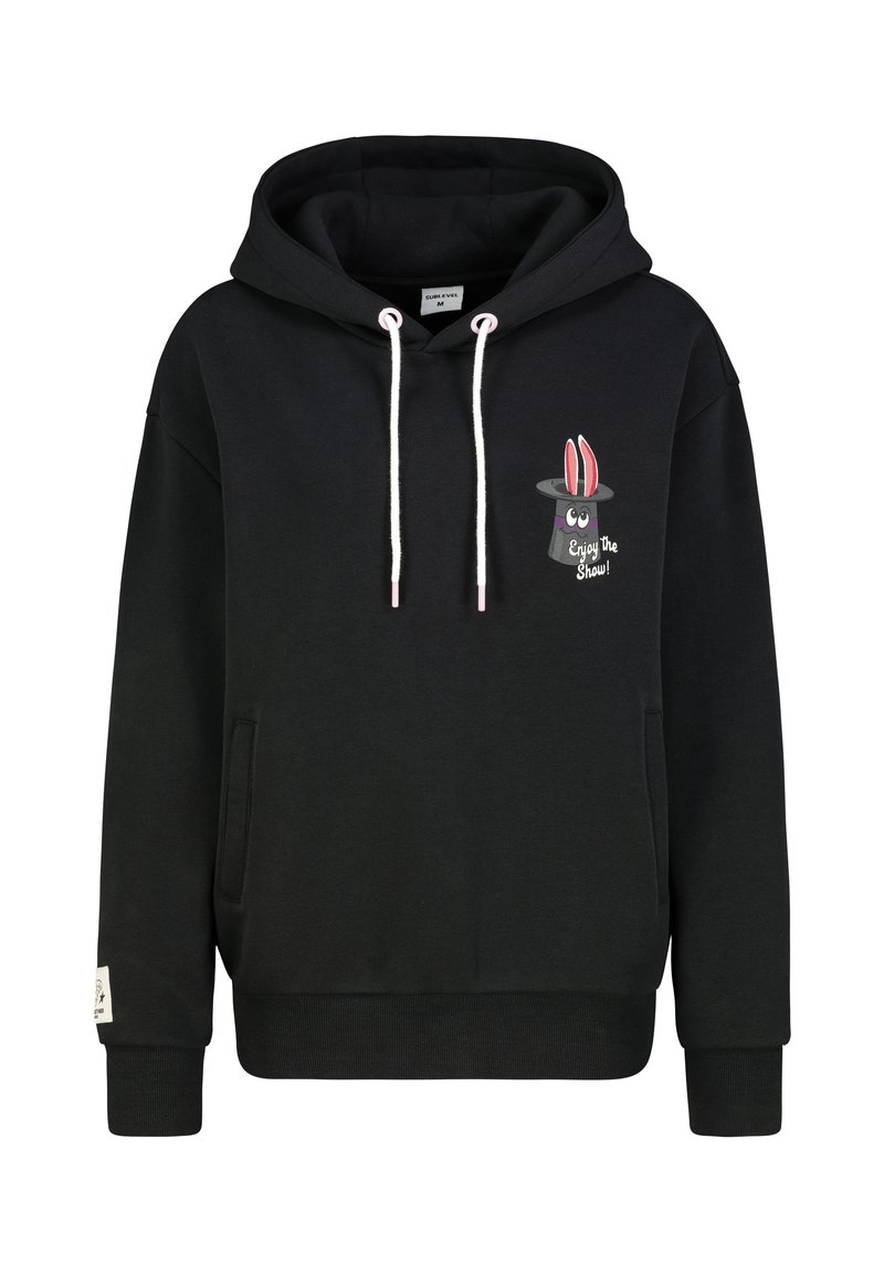 Zwarte hoodie van zachte stof, met een voorzak, verstelbare koorden en een speelse graphic van een konijn met tekst.