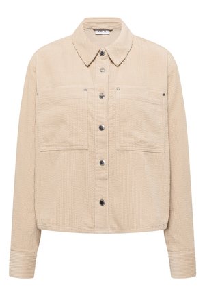Beige corduroy overhemdjack met knoopsluiting, voorzien van twee borstzakken, een kraag en getextureerde verticale lijnen door het hele jack.